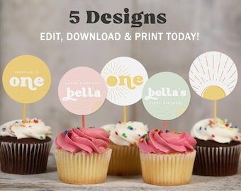 Boho Sunshine Birthday Cupcake Toppers : FIrst Trip around the Sun (Instant Download, Editable/Printable template) #H033
