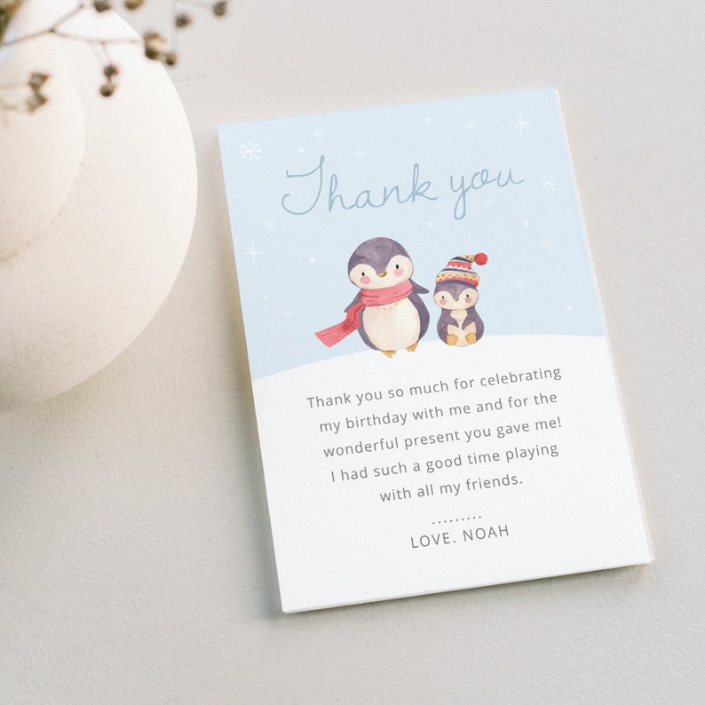 Editable Penguin Birthday Thank You Card, Christmas Party Thank You