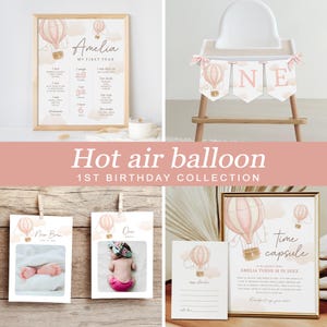 Lot 1er anniversaire de montgolfière rose, collection de fête moderne en montgolfière, décoration d'anniversaire de fille, modèle modifiable/imprimable, # H001