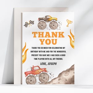 Editable Monster Truck Birthday Thank You Card, Truck Party Thank You Note, Birthday Boy, Instant Download, Printable template, #H003