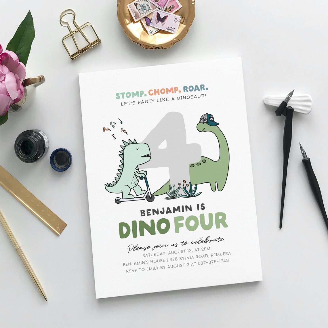 Editable Dinosaur Birthday Party Invitation, Dinosaur Invite, Dino-four ...