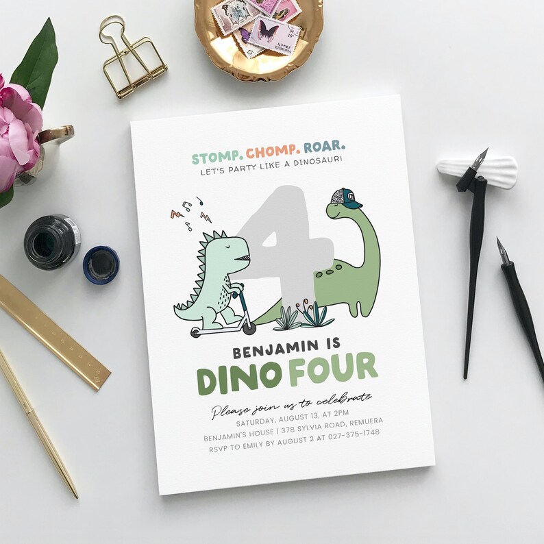 May include: A green dinosaur riding a scooter with a blue helmet and a green dinosaur with a blue hat. The text reads "STOMP. CHOMP. ROAR. LET'S PARTY LIKE A DINOSAUR! BENJAMIN IS DINO FOUR Please join us to celebrate SATURDAY, AUGUST 13, AT 2PM BENJAMIN'S HOUSE | 378 SYLVIA ROAD, REMUERA RSVP TO EMILY BY AUGUST 2 AT 027-375-1748"