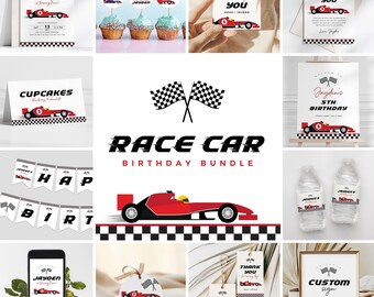 Peut inclure: Ensemble de fichiers imprimables pour une fête d'anniversaire sur le thème des voitures de course. Comprend des invitations, des étiquettes de remerciement, des décorations pour cupcakes, des étiquettes pour bouteilles d'eau, une bannière et une pancarte. Le design présente des voitures de course rouges avec des accents noirs sur un fond blanc avec des drapeaux à damier noir et blanc.