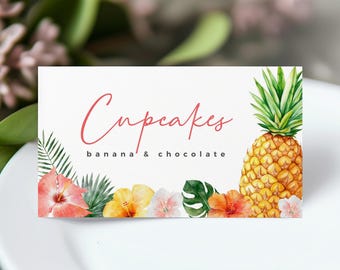 Étiquette de nourriture pour fête d'été tropicale, marque-place plié fête hawaïenne, anniversaire Luau, téléchargement immédiat, modèle imprimable/modifiable, #H058