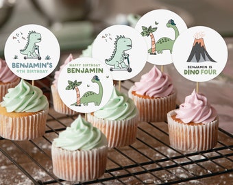 Editable Dinosaur Birthday Cupcake Toppers, Dinosaur Birthday Stickers, Boy Birthday, Instant Download, Printable template, #H024