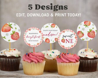 Strawberry Cupcake Toppers : Berry First Birthday (Instant Download, Editable/Printable template) #H073
