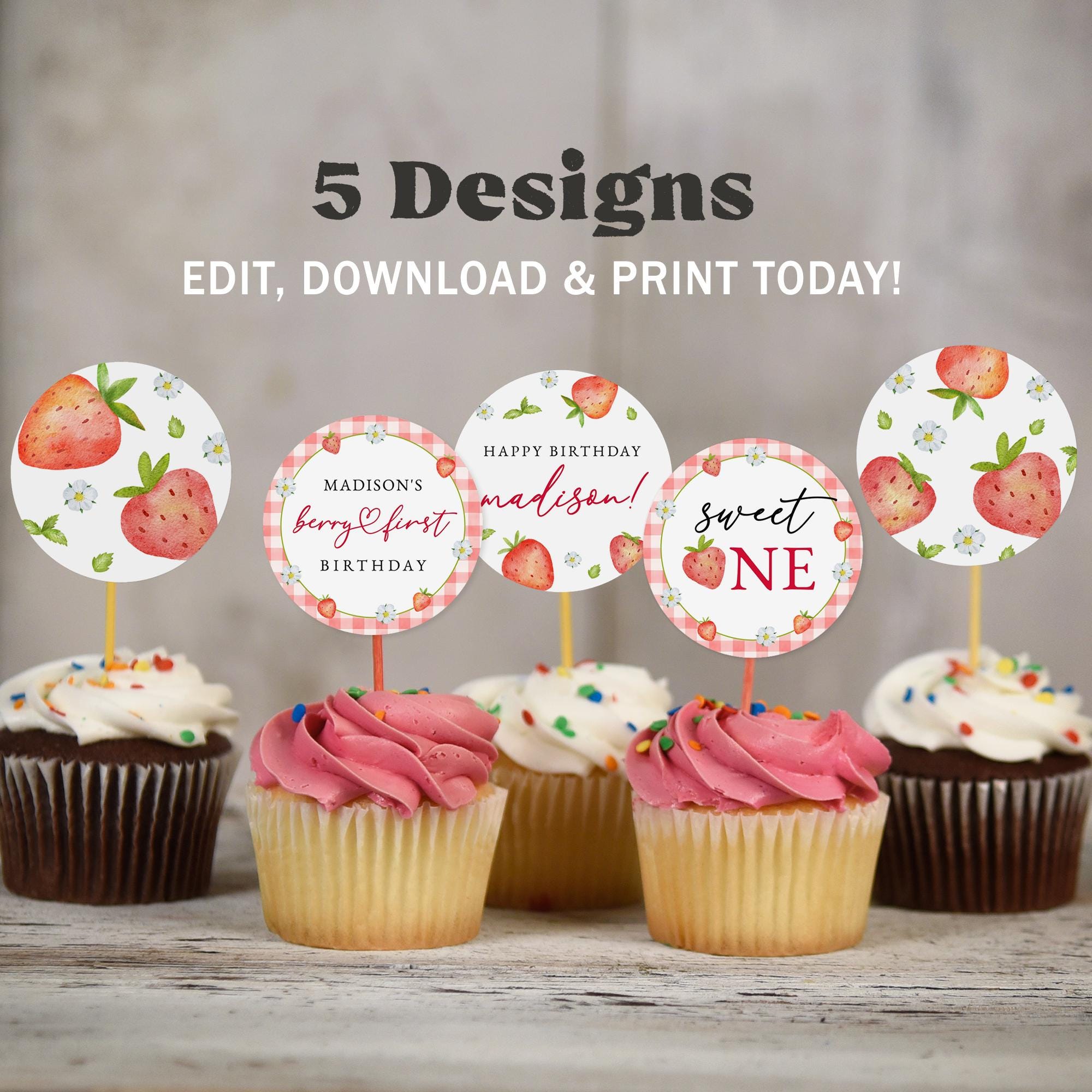 Strawberry Cupcake Toppers : Berry First Birthday (instant Download ...