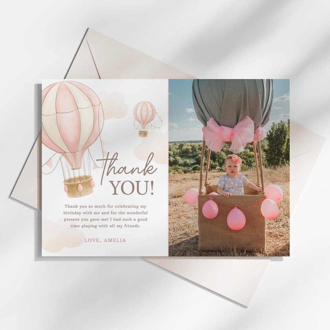 Pink Hot Air Balloon Birthday Photo Thank You Card, Modern Hot Air ...