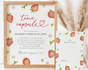 Strawberry Time Capsule Sign & Message Cards : Editable/Printable Template, (Instant Download) #H073