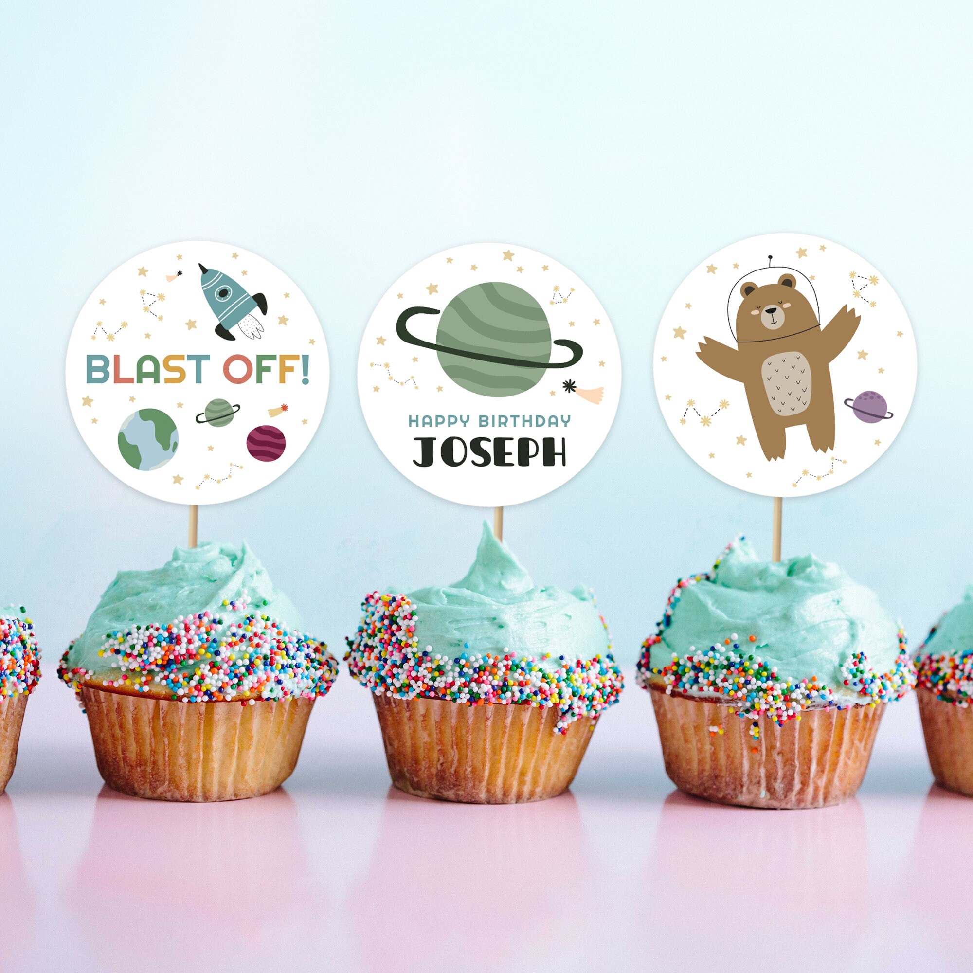 Outer Space Birthday Cupcake Toppers Bear Astronaut Birthday Etsy