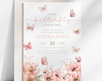 Butterfly Baby Shower Invitation, My little Butterfly Invite, Pink Floral Invitation, Instant Download, Editable/Printable template, #H040