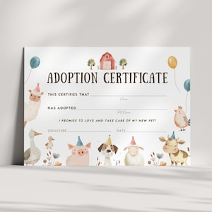 Könnte beinhalten: Ein druckbares Adoptionszertifikat mit einem Bauernhof-Thema. Das Zertifikat zeigt einen roten Stall, Bäume und Nutztiere wie ein Schwein, einen Hund, ein Schaf, eine Kuh, ein Huhn und eine Ente. Der Text auf dem Zertifikat lautet "Adoptionszertifikat", "Dies bescheinigt, dass", "Hat adoptiert", "Ich verspreche, mein neues Haustier zu lieben und zu pflegen!", "Unterschrift" und "Datum".