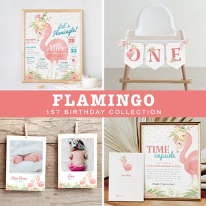 Pacote de 1º aniversário de flamingo, coleção de aniversário de verão, decoração de primeiro aniversário de menina, download instantâneo, modelo editável/imprimível