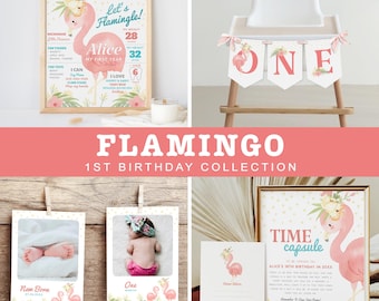 Flamingo 1st Birthday Bundle, Summer Birthday Collection, Girl First Birthday Decoration, Instant Download, Editable/Printable template