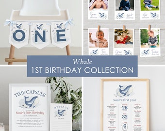 Editable Whale 1st Birthday Bundle, Ocean Party Collection, Under the Sea, First Year, Instant Download, Printable template, #H005