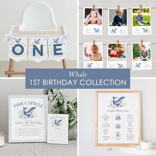 Editable Whale 1st Birthday Bundle, Ocean Party Collection, Under the Sea, First Year, Instant Download, Printable template, #H005