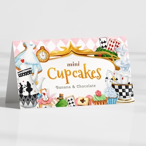 Etiqueta editable de comida de cumpleaños de Alicia en el País de las Maravillas, tarjeta plegada de fiesta de té, tarjeta de lugar de cumpleaños, descarga instantánea, plantilla imprimible, #H029