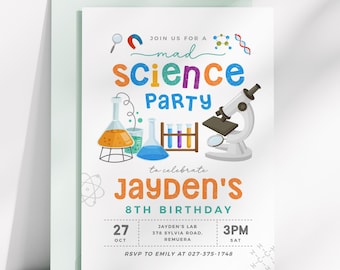 May include: A colorful invitation for a Mad Science party to celebrate Jayden's 8th birthday. The invitation features a microscope, beakers, and test tubes. The party is on October 27th at 3 PM at Jayden's Lab, 378 Sylvia Road, Remuera. RSVP to Emily at 027-375-1748.