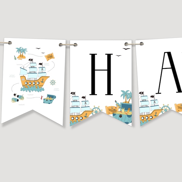 Editable Pirate Happy Birthday Banner, Treasure Map bunting banner, Boy Birthday Decor, Instant Download, Printable template, #H035