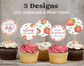 Adornos para cupcakes de baby shower con diseño de fresa: Plantilla editable/imprimible (descarga instantánea) #S073