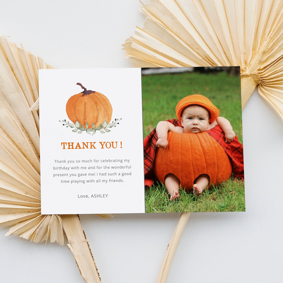 Editable Pumpkin Birthday Thank You Card With Photo, Fall Party Photo ...