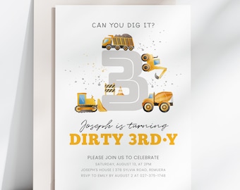 Editable Dirty 3rd-y Birthday Party Invitation, Construction Birthday Invitation, Birthday Boy, Instant Download, Printable Template, #H018