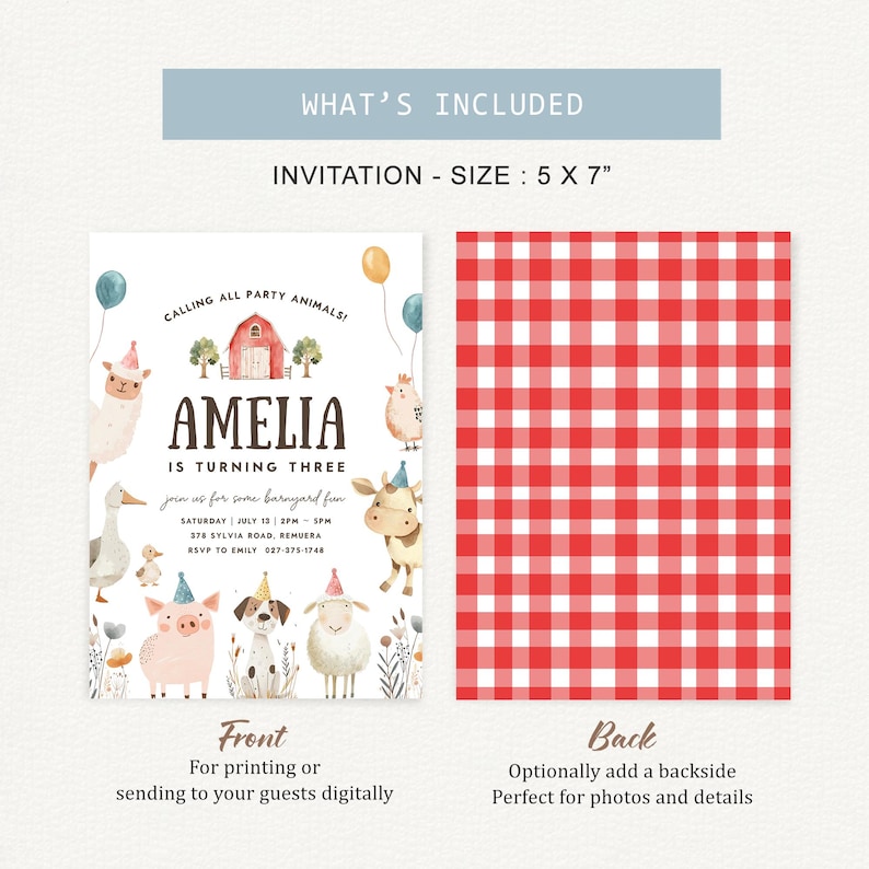 May include: A 5 x 7 inch invitation with a barnyard theme. The front features the name "Amelia" and illustrations of farm animals. The back has a red and white gingham pattern. Text includes party details.