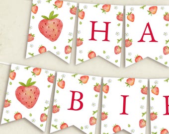 Strawberry Happy Birthday Banner : Editable/Printable Template (Instant Download) #H073