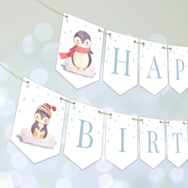 Bannière modifiable de joyeux anniversaire de pingouin, bannière de bunting de fête de Noël, drapeau d’anniversaire d’hiver, téléchargement instantané, modèle imprimable, #H008