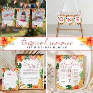 Pacote de 1º aniversário de verão tropical, coleção de festa havaiana, decoração de aniversário luau, download instantâneo, modelo editável/imprimível, #H058