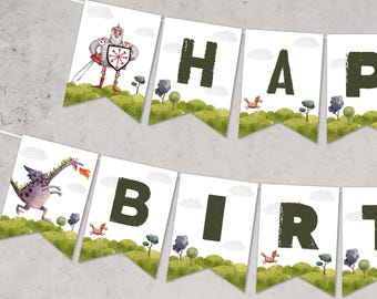 May include: A white banner with green and brown illustrations of a knight, a dragon, and a fox. The banner says "Happy Birthday" in dark green letters.