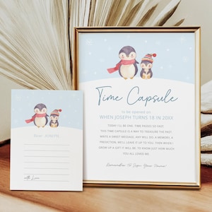 Editierbares Pinguin Erster Geburtstag Zeitkapsel Zeichen, Pinguin Message Cards, Winter Geburtstag, Sofort Download, druckbare Vorlage, #H008