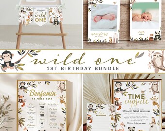 Safari Animals 1st Birthday Bundle : Wild One (Editable/Printable template, Instant Download) #H072