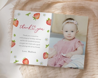 Strawberry Birthday Photo Thank You Card : Editable/Printable Template (Instant Download) #H073