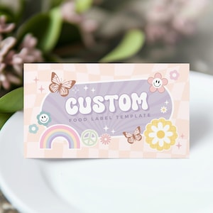 Groovy Girl verjaardag voedseletiket, retro vlinder plaatskaart, decor meisje verjaardag, instant download, afdrukbare/bewerkbare sjabloon, #H062