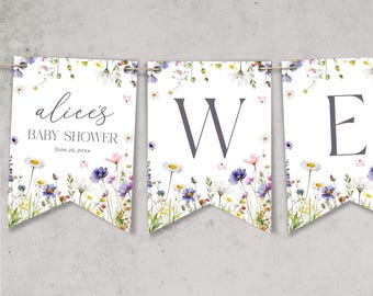 Banner para baby shower con diseño de flores silvestres: Bebé en flor (Descarga instantánea, plantilla editable/imprimible) #S074