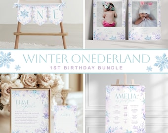 May include: A Winter Onederland 1st Birthday Bundle featuring a high chair banner, photo prints, a time capsule sign, and a milestone sign. The signs have a snowflake and floral design with the name Amelia.