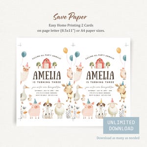 May include: A printable birthday party invitation featuring the name "Amelia" and the phrase "is turning three." The design includes watercolor illustrations of farm animals, balloons, and a red barn. The invitation is designed for easy home printing.