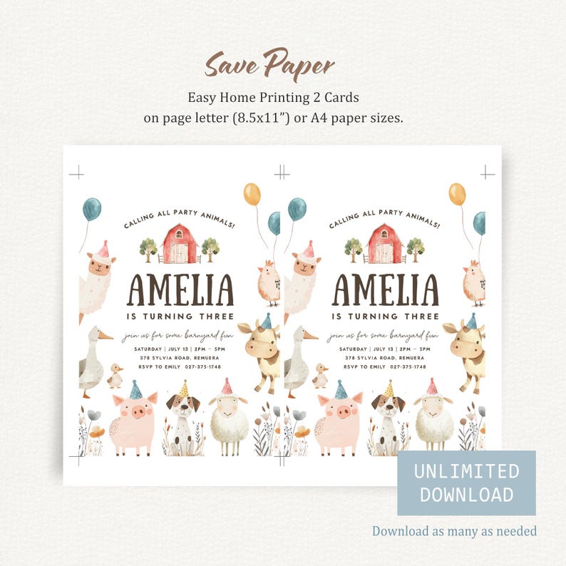 May include: A printable birthday party invitation featuring the name "Amelia" and the phrase "is turning three." The design includes watercolor illustrations of farm animals, balloons, and a red barn. The invitation is designed for easy home printing.