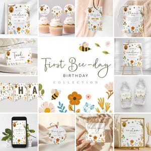 May include: A collection of printable party decorations for a first birthday with a bee theme. The decorations feature yellow and black bees, flowers, and the text "First Bee-day".