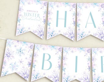 Winter Wonderland Happy Birthday Banner, Snow Party bunting banner, Girl Winter Birthday, Instant Download, Editable/Printable Banner, #H069