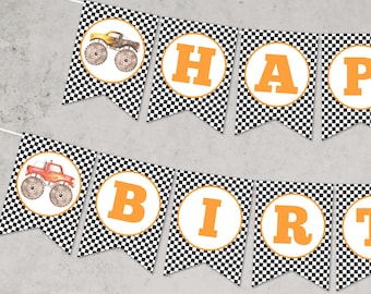 Editable Monster truck Happy Birthday Banner, Truck Party bunting banner, Boy Birthday Decor, Instant Download, Printable template, #H003