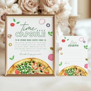 Letrero "Cápsula del Tiempo" para Fiesta de Pizza, Tarjeta con Mensaje a Juego, Cumpleaños de Pizza, Descarga Instantánea, Plantilla Editable/Imprimible, #H060