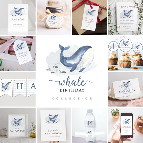 Editable Whale Birthday Bundle, Ocean Party Collection, Under the Sea, Birthday Decorations, Instant Download, Printable template, #H005