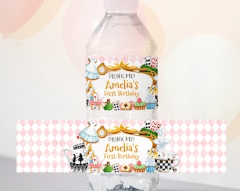 Bewerkbare Alice in Wonderland verjaardag waterfles label, Tea Party fles label, verjaardag decor, Instant Download, afdrukbaar label, #H029