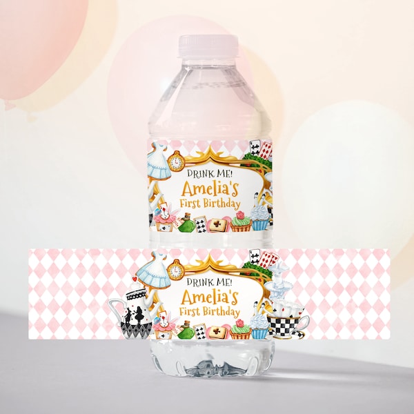 Editable Alice in Wonderland Birthday Water Bottle Label, Tea Party Bottle label, Birthday Decor, Instant Download, Printable Label, #H029