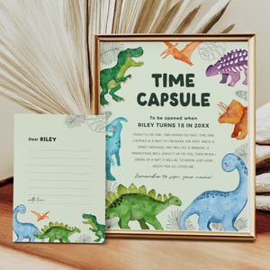 Signe capsule temporelle dinosaure, cartes d'anniversaire dinosaures, décoration 1er anniversaire garçon, téléchargement immédiat, modèle modifiable/imprimable, #H038