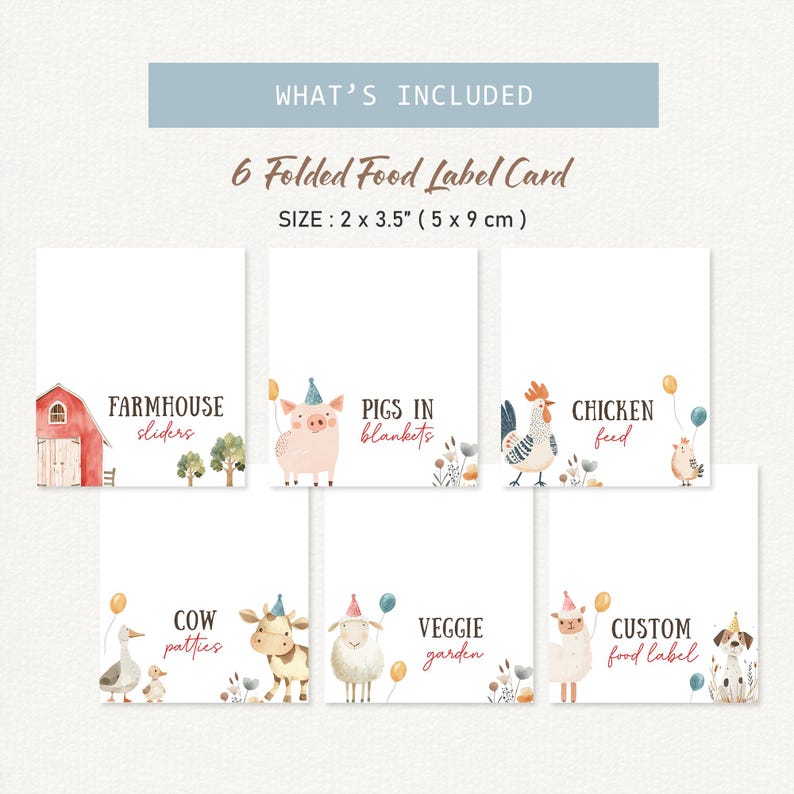 Farm Birthday Food Labels, Barnyard Party Folded Place Cards, Cute Farm ...
