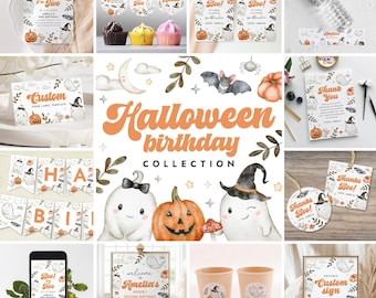 Lindo paquete de cumpleaños de Halloween, colección de fiesta espeluznante, decoración para fiesta de Halloween de niña, descarga instantánea, plantilla editable/imprimible, #H065