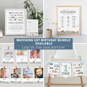 May include: A printable set of first birthday party decorations featuring a transportation theme. The set includes a time capsule, a first year milestone chart, a banner, and photo cards for each month of the baby's first year. The decorations are in a blue, red, and yellow color scheme with illustrations of cars, trucks, and airplanes.
